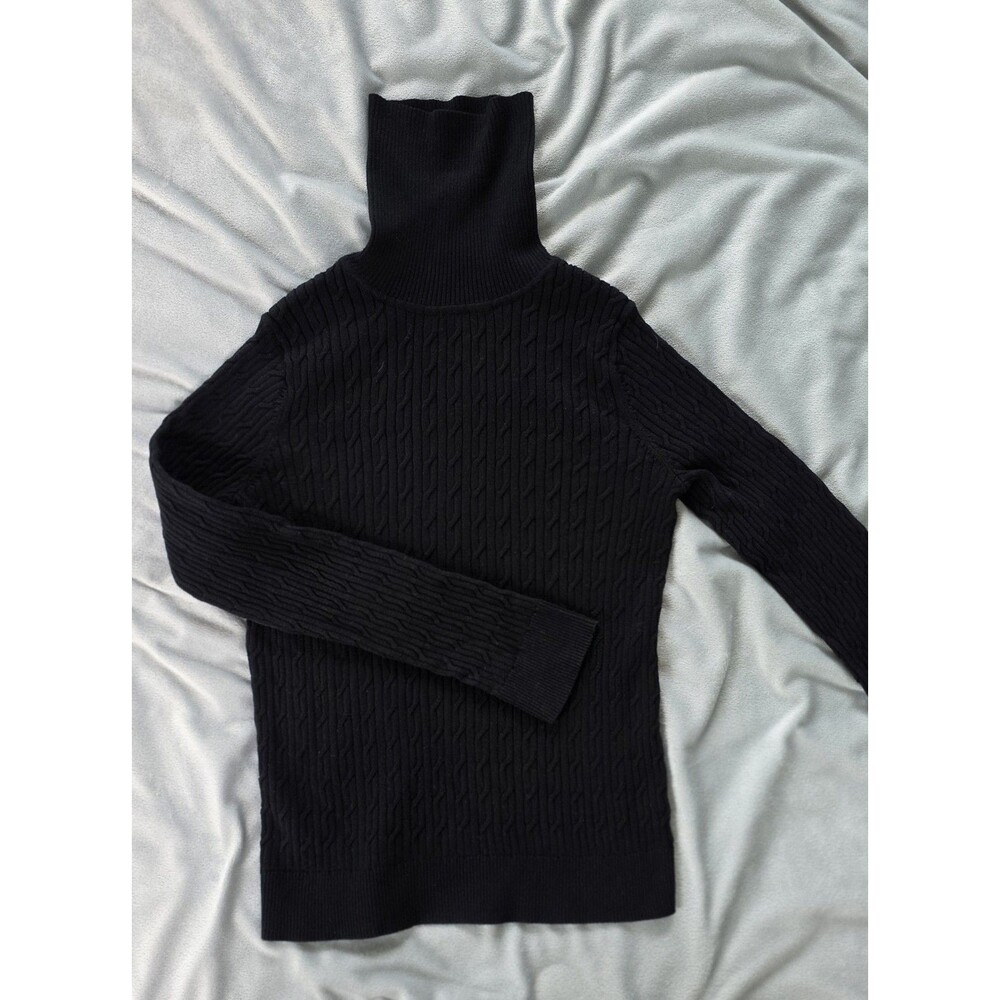 Talbots Petites Black Cable Knit Turtleneck Sweater S 100% Pima Cotton Pullover